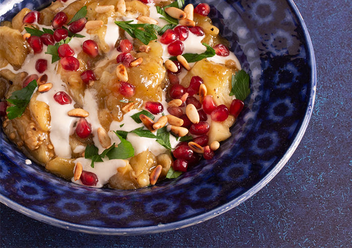 Aubergine Salad with Yoghurt and Pomegranates.