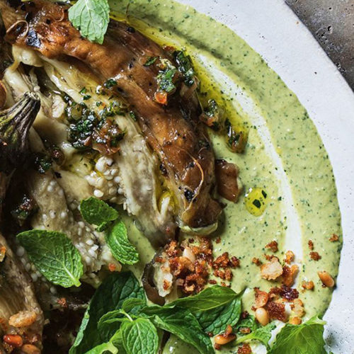 Picture of baked eggplant and green tahini